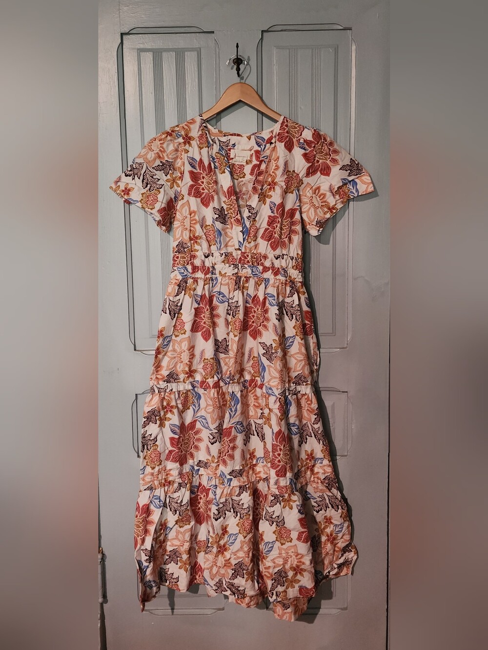 Anthropologie Cream Maxi Dress with Rust & Blue Floral Print